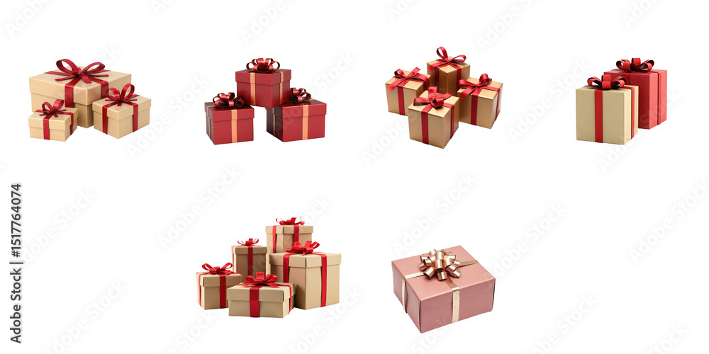 Poster assorted gift boxes with bows in various sizes and colors isolated on a transparent background for f
