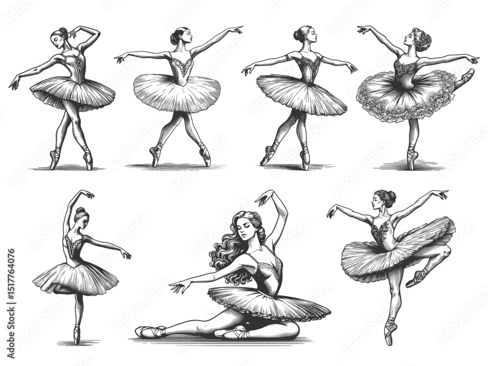 Aufkleber ballerina ballet dancer set collection bundle sketch engraving generative ai vector illustration. sc