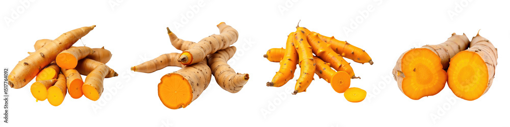 Poster close up of fresh turmeric roots situated on a transparent background displaying whole pieces and cr