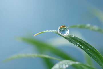 closeup of single dewdrop on blade of grass surrounded by ultrabright light