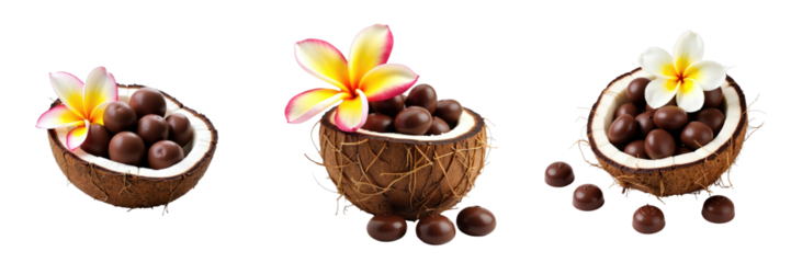 Coconuts filled with chocolate candies accompanied by vibrant plumeria flowers on a transparent background showcasing an appealing tropical dessert arrangement