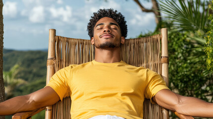 Relaxed man enjoying nature in bamboo chair, eyes closed, feeling peaceful and content