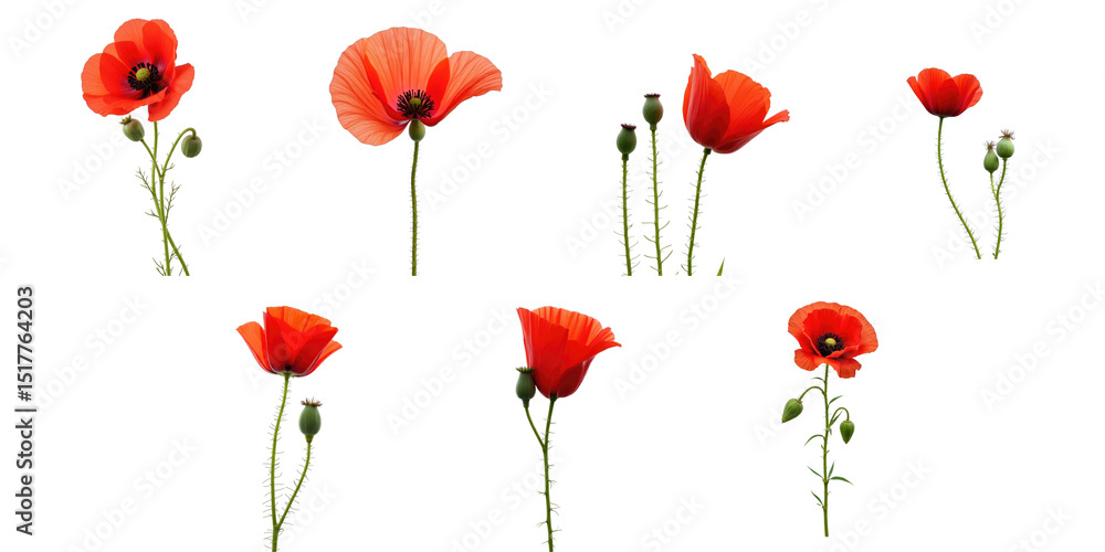 Poster red poppy flowers and buds papaver rhoeas on transparent background displaying various angles and st