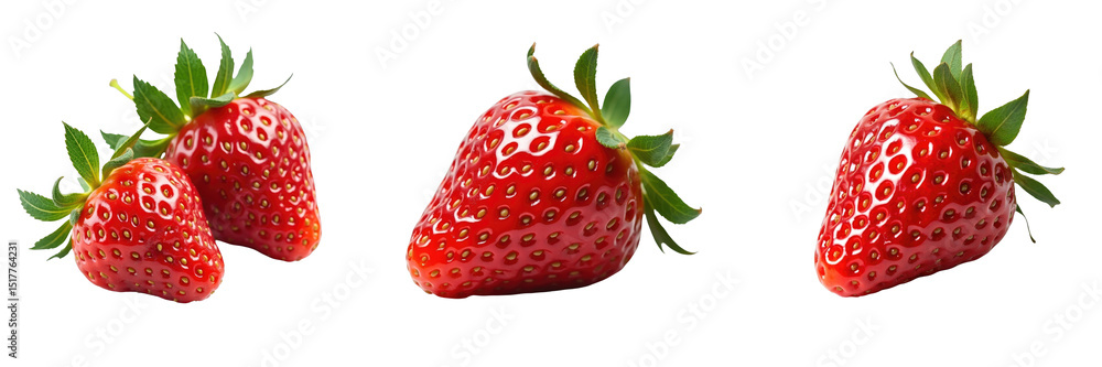 Aufkleber fresh ripe wild strawberries with green leaves isolated on transparent background displaying three s