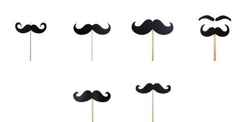 transparent paper mustache photo props on wooden sticks arranged in various styles isolated on transparent background for creative use in events or photography