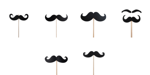 transparent paper mustache photo props on wooden sticks arranged in various styles isolated on transparent background for creative use in events or photography