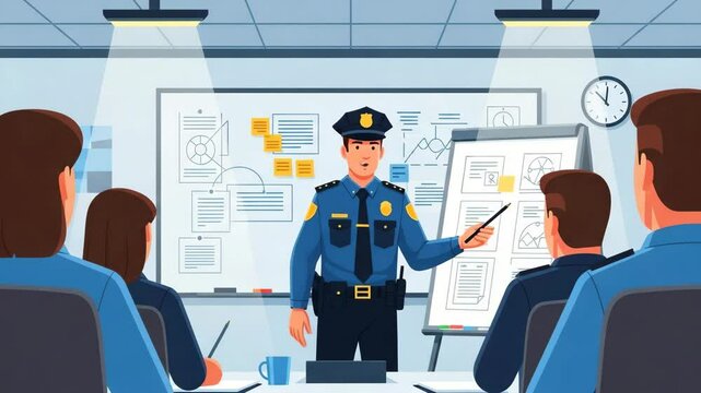 animation of a police officer in a meeting strategizing a case