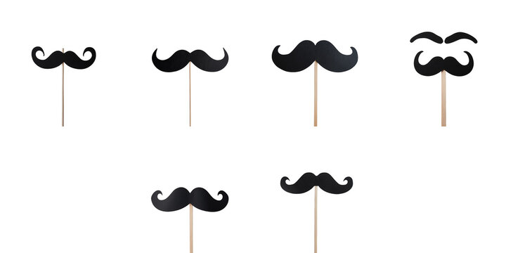 transparent paper mustache photo props on wooden sticks arranged in various styles isolated on transparent background for creative use in events or photography