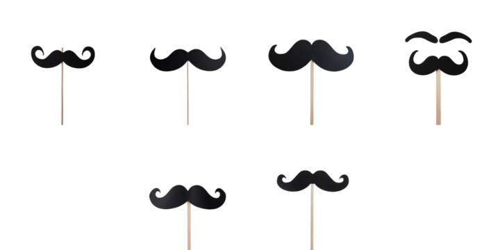 transparent paper mustache photo props on wooden sticks arranged in various styles isolated on transparent background for creative use in events or photography