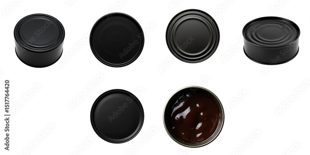 Poster collection of transparent round closed tin cans isolated on transparent background showcasing variou
