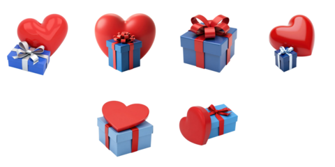 Collection of red heart shapes and blue gift boxes with ribbons on a transparent background arranged in various sizes and orientations for visual emphasis.