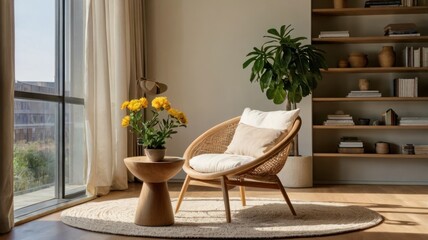 Cozy corner with wicker chair and yellow flowers
