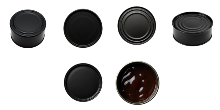 Collection of transparent round closed tin cans isolated on transparent background showcasing various angles and a partially opened can revealing transparent contents inside.
