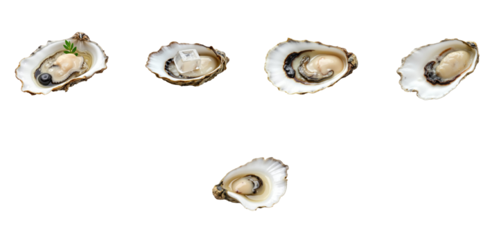 Five fresh oysters presented on ice, isolated on a transparent background, showcasing various angles and garnishes for culinary emphasis and visual appeal.