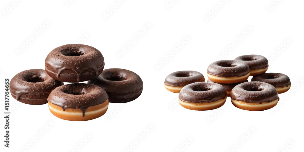 Poster chocolate glazed donuts arranged in two groups with one cluster featuring two frosted donuts and the