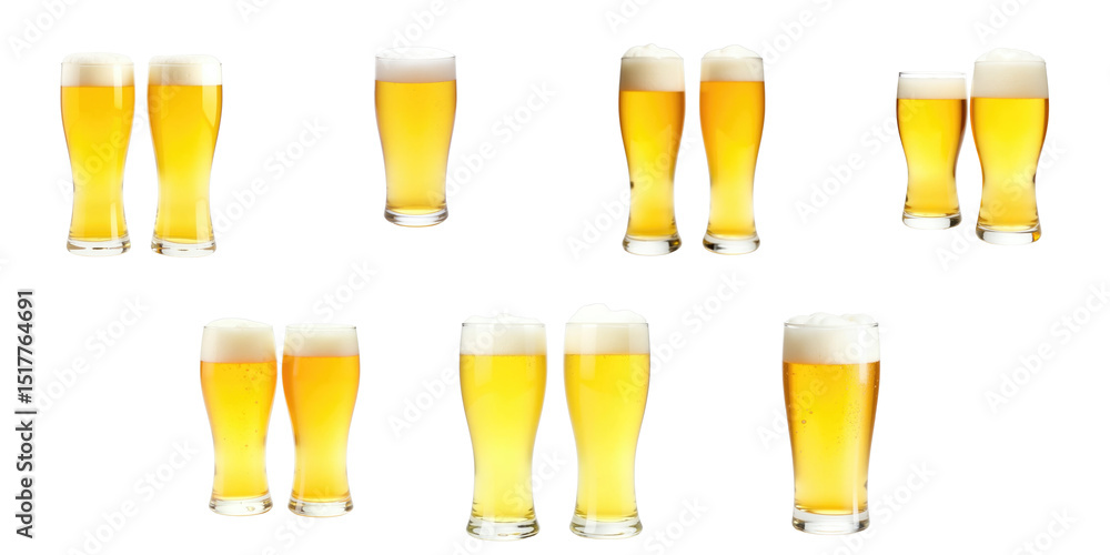 Poster collection of various glasses filled with chilled transparent beer against a transparent background,