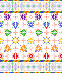 Geometric pixel art pattern. Abstract pixel art geometric pattern design for pride month, fabric, carpet, tile, clothing, needlepoint and background. Vector pixel art seamless motif, rainbow stripes
 