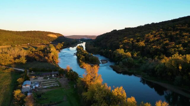 Aerial footage of Mures river,  near Lipova town, Arad county, Romania. 