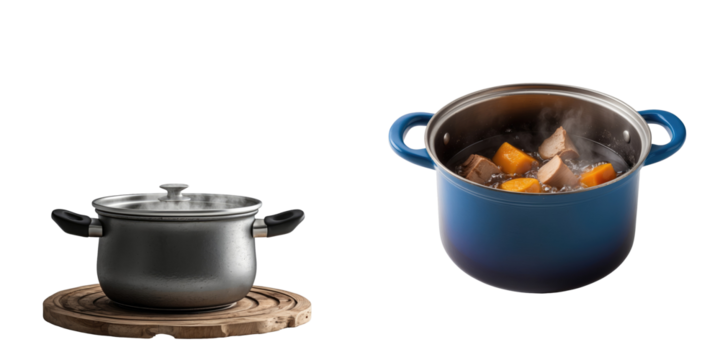 Set of two cooking pots one with lid and one boiling with contents on wooden trivet isolated on transparent background steam rising from food in blue pot - Powered by Adobe