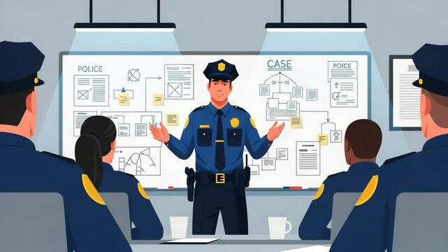 animation of a police officer in a meeting strategizing a case