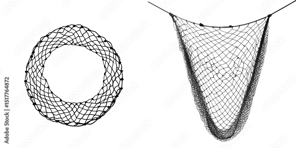 Wall mural fishing net displayed in two forms featuring a circular shape and a hanging structure isolated on a 