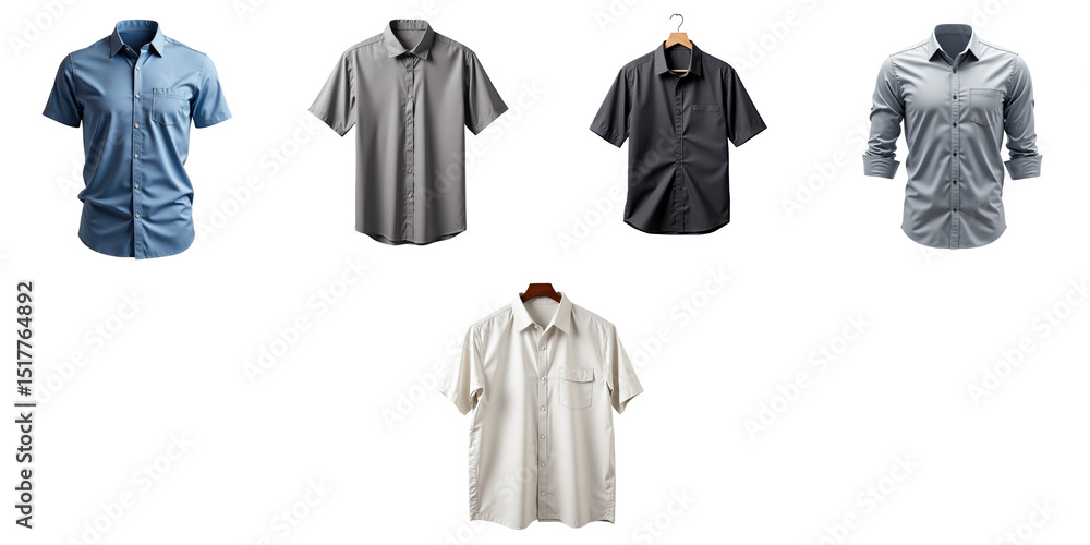 Poster variety of casual stylish shirts displayed on seamless transparent background featuring short and lo