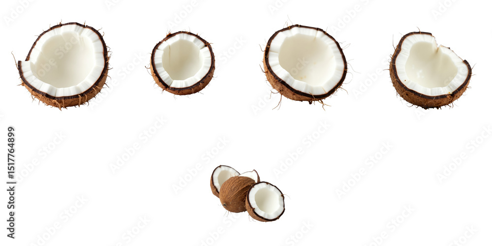 Poster sliced coconut halves arranged on a transparent background showcasing varying sizes and textures of 
