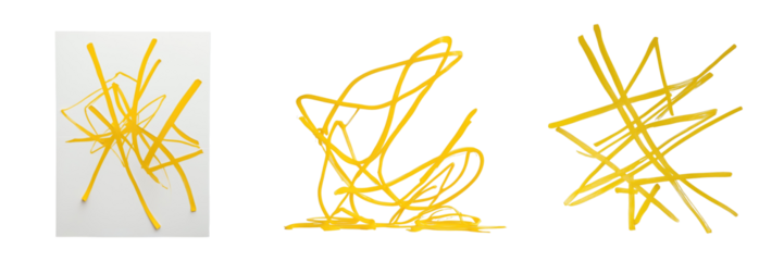 Collage of abstract yellow marker lines on transparent background showcasing various overlapping shapes and designs isolated from any backdrop