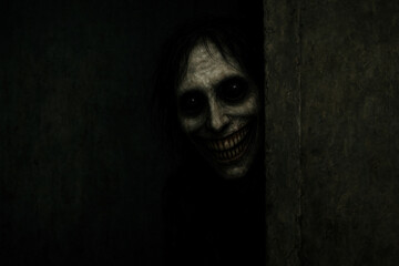 Creepy person peeking out from wall.