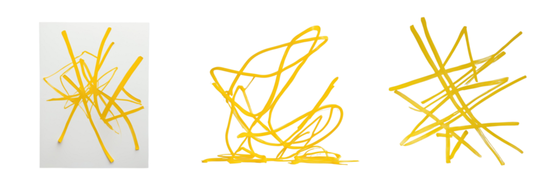 Collage of abstract yellow marker lines on transparent background showcasing various overlapping shapes and designs isolated from any backdrop