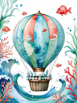 A whimsical watercolor illustration of a hot air balloon designed as an underwater vessel, adorned with seashells in its basket, flying above crashing ocean waves and surrounded by vibrant coral, seaw
