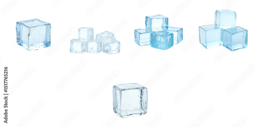 Poster variety of ice cubes in different shapes and sizes arranged on a transparent background isolated ice