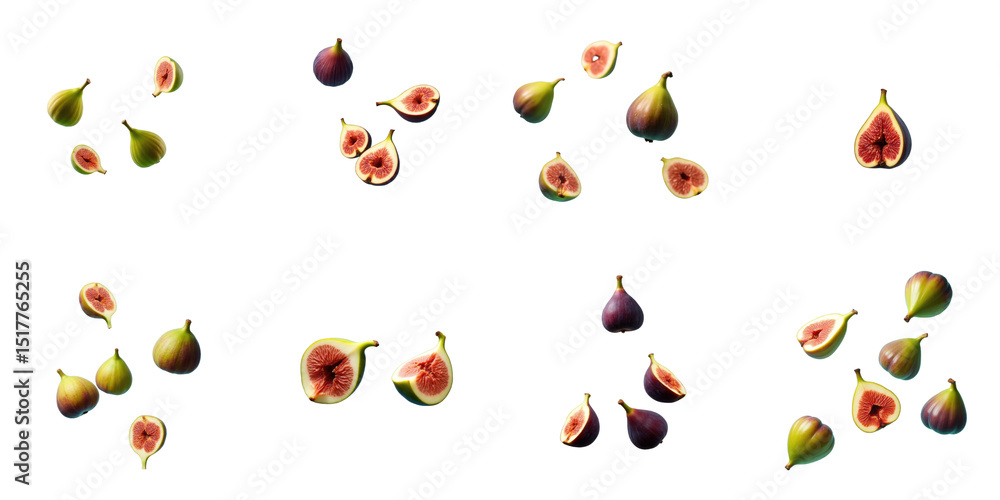 Poster figs whole and halved in various positions isolated on transparent background high resolution image 