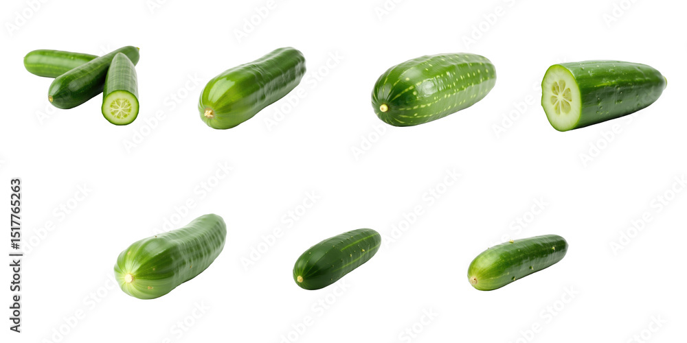 Poster various types of cucumbers sliced and whole isolated on a transparent background displaying differen