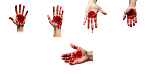 Collection of bloody hands in various positions with vivid red blood stains isolated on transparent background for graphic design and creative projects.