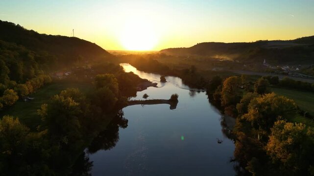 Aerial footage of Mures river,  near Lipova town, Arad county, Romania. 