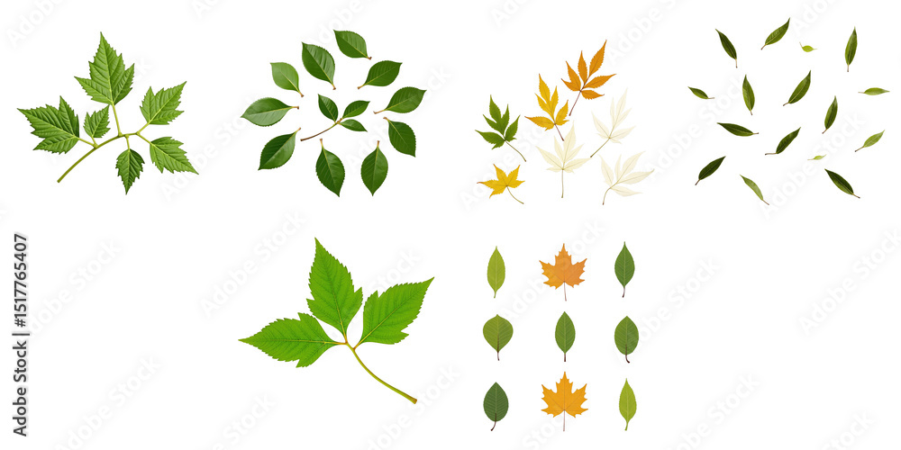Poster variety of isolated green and autumn leaves on a transparent background showcasing different shapes 