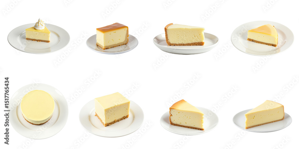 Poster assorted cheesecake slices displayed on white plates with a transparent background showcasing variou
