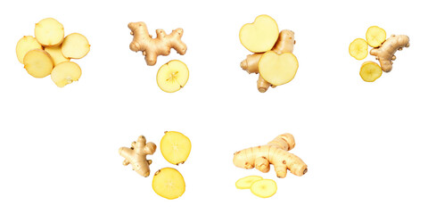 Fresh ginger root and sliced ginger pieces arranged on a transparent background showcasing various shapes and sizes with transparency for versatile design applications