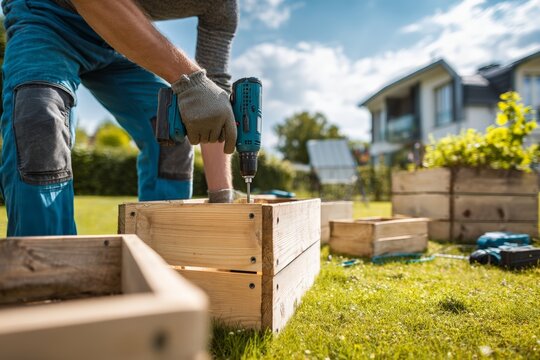 Male adult assembling wooden planter boxes in sunny backyard garden
