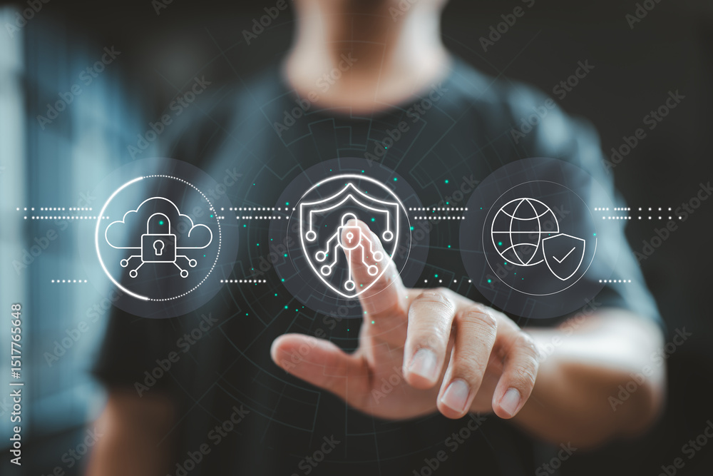 Poster finger pressing cybersecurity interface with cloud lock and global shield icons
