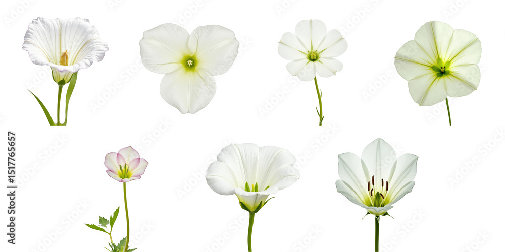 Poster collection of various white and pink flowers including convolvulus arvensis displayed on a transpare