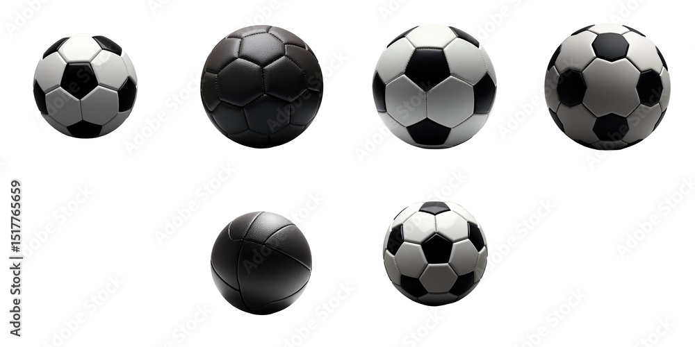 Poster various realistic soccer balls displayed on a transparent background with transparent edges showcasi