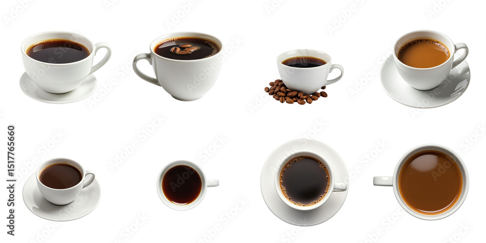 Poster various coffee cups filled with aromatic coffee on a transparent background arranged in multiple pos