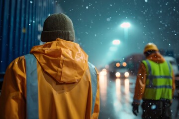 Nighttime work scene with workers in orange jackets and snowfall