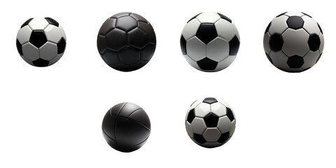 Various realistic soccer balls displayed on a transparent background with transparent edges showcasing different designs and textures of balls in distinct positions and orientations.