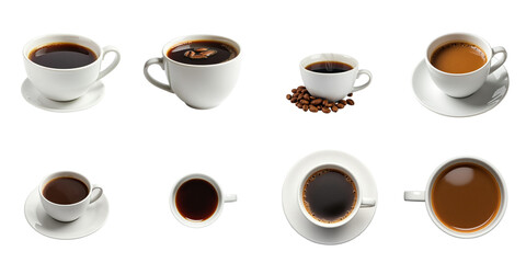 Obraz premium Various coffee cups filled with aromatic coffee on a transparent background arranged in multiple positions showcasing different sizes and styles of cups