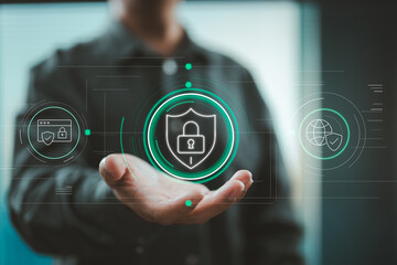 Hand holding digital security shield with lock icon for online privacy protection