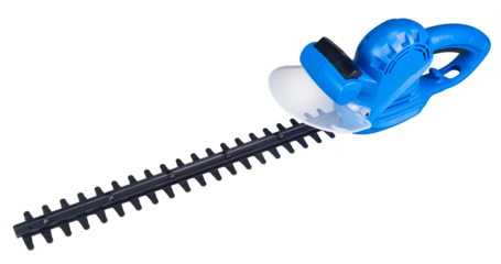 blue electric hedge trimmer sharp blades for trimming and shaping bushes. diy gardening tool isolated  white background