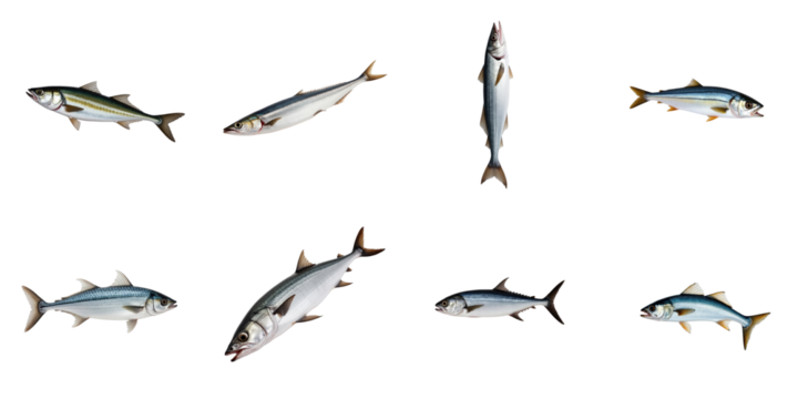 Freshly caught Atlantic horse mackerel arranged on a transparent background showcasing multiple angles and positions of the fish highlighting its details and colors.